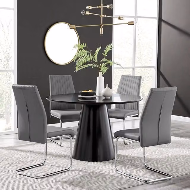 FurnitureboxUK Palma Black Semi Gloss Round Dining Table and 4 Lorenzo Chairs in Grey