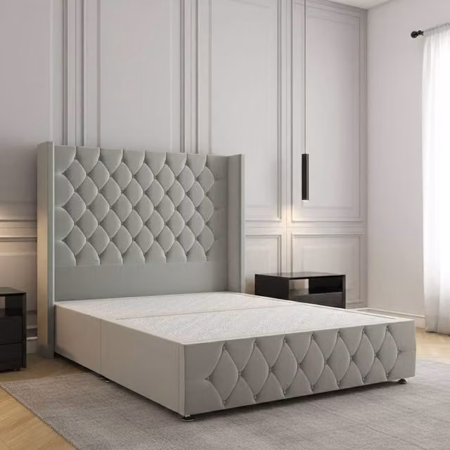Regional Furnishings King Size Plush Velvet Divan Bed with 54 inch Headboard and Footboard in Silver, W/D/H: 180 x 200 cm