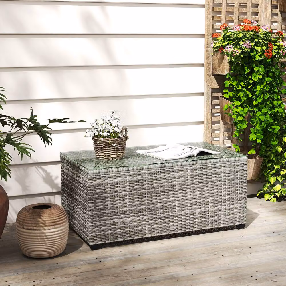 ERGOVEXA Modern Glass-Top Rattan Side Table in Light Grey, W: 90 cm, D: 50 cm, H: 38 cm – 4