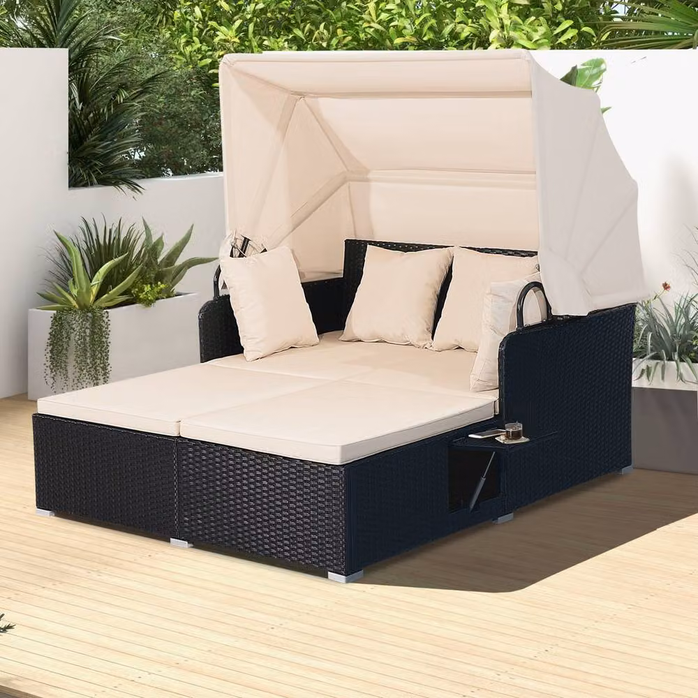 Costway Outdoor Hand-Woven PE Wicker Daybed Patio Loveseat Sofa Set with Sun Canopy and Side Tray in Beige – 6