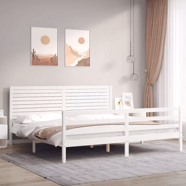 Berkfield Home Super King Size Solid Pine Wood Bed Frame with Headboard in White
