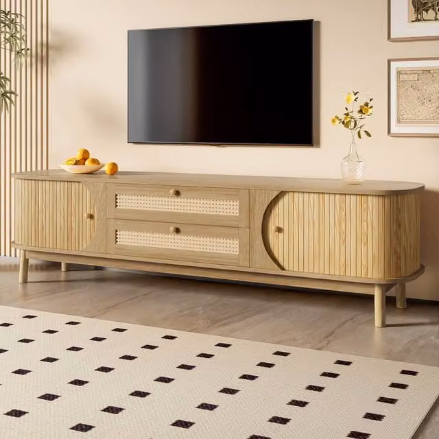STILVORA Rustic TV Cabinet with Rattan Doors and Drawers in Natural Brown – 1