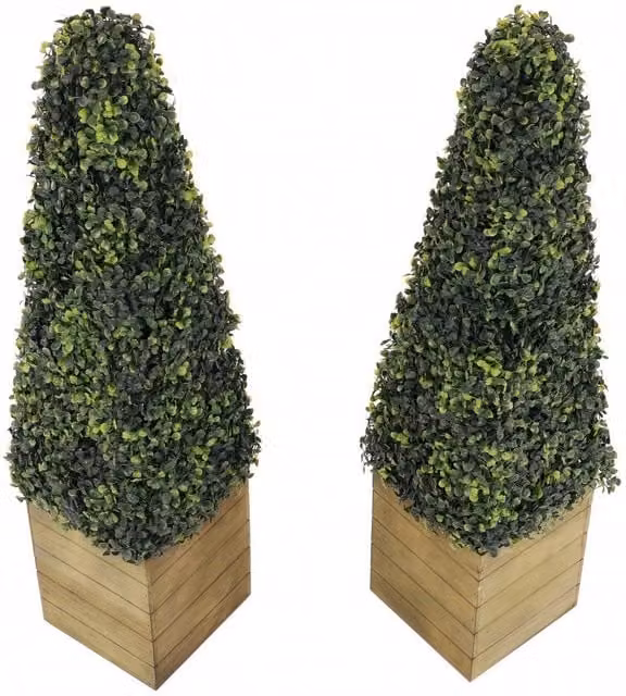 Oypla Set of 2 Artificial Topiary Boxwood Pyramid Tabletop Trees in Green