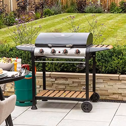 George Foreman 4 Burner Gas BBQ with Automatic Ignition, Integrated Thermometer and Wood Effect Shelves, Black – 3