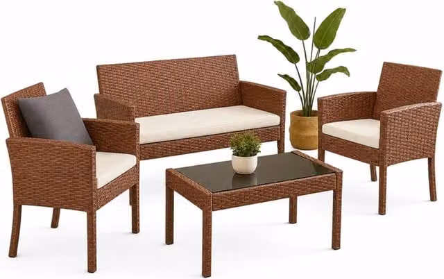 Home Republic Brown Rattan and Metal 4-Piece Patio Furniture Set with Glass Table for Garden or Terrace