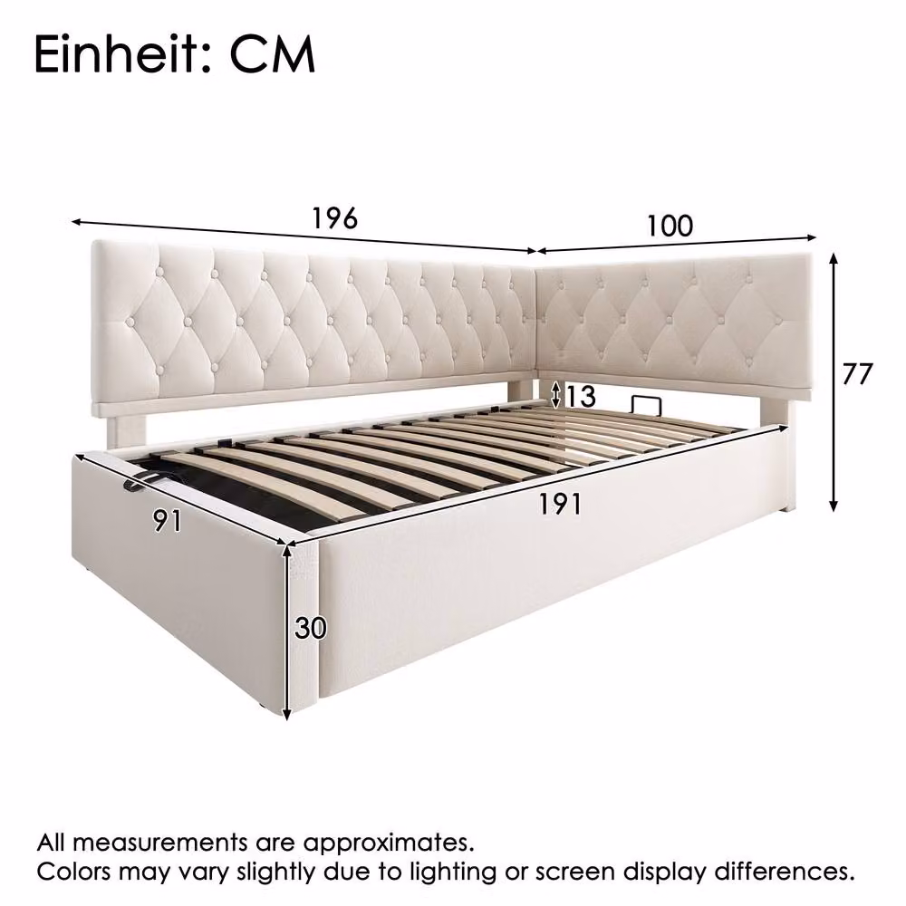 Rolipo Beige Velvet Daybed with Storage and Lift-up Base, W/D/H: 190 x 90 x 77 cm – 2