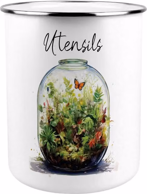 Purely Home Plant Terrarium Kitchen Utensil Holder in Green and White Metal