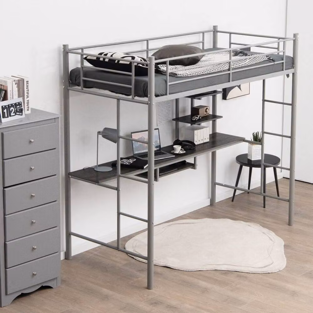 Costway Single Metal Loft Bed Frame High Sleeper with Desk and Storage Shelves, Silver – 2