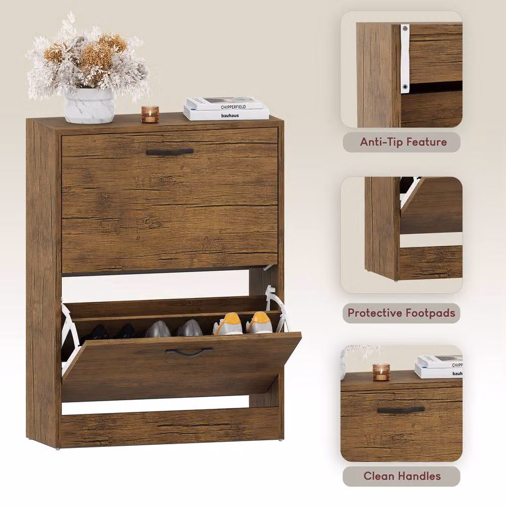 HD Designs Vida Designs Brown 2 Drawer Shoe Cabinet with Internal Shelves and Hinged Doors – 4