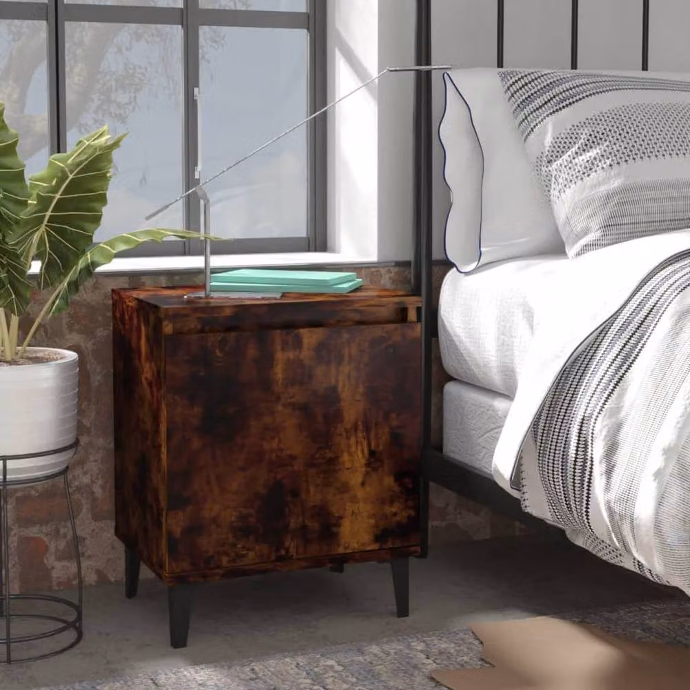 Berkfield Home Set of 2 Bed Cabinets in Smoked Oak and Brown with Metal Legs, W: 40 cm, D: 30 cm, H: 50 cm – 2