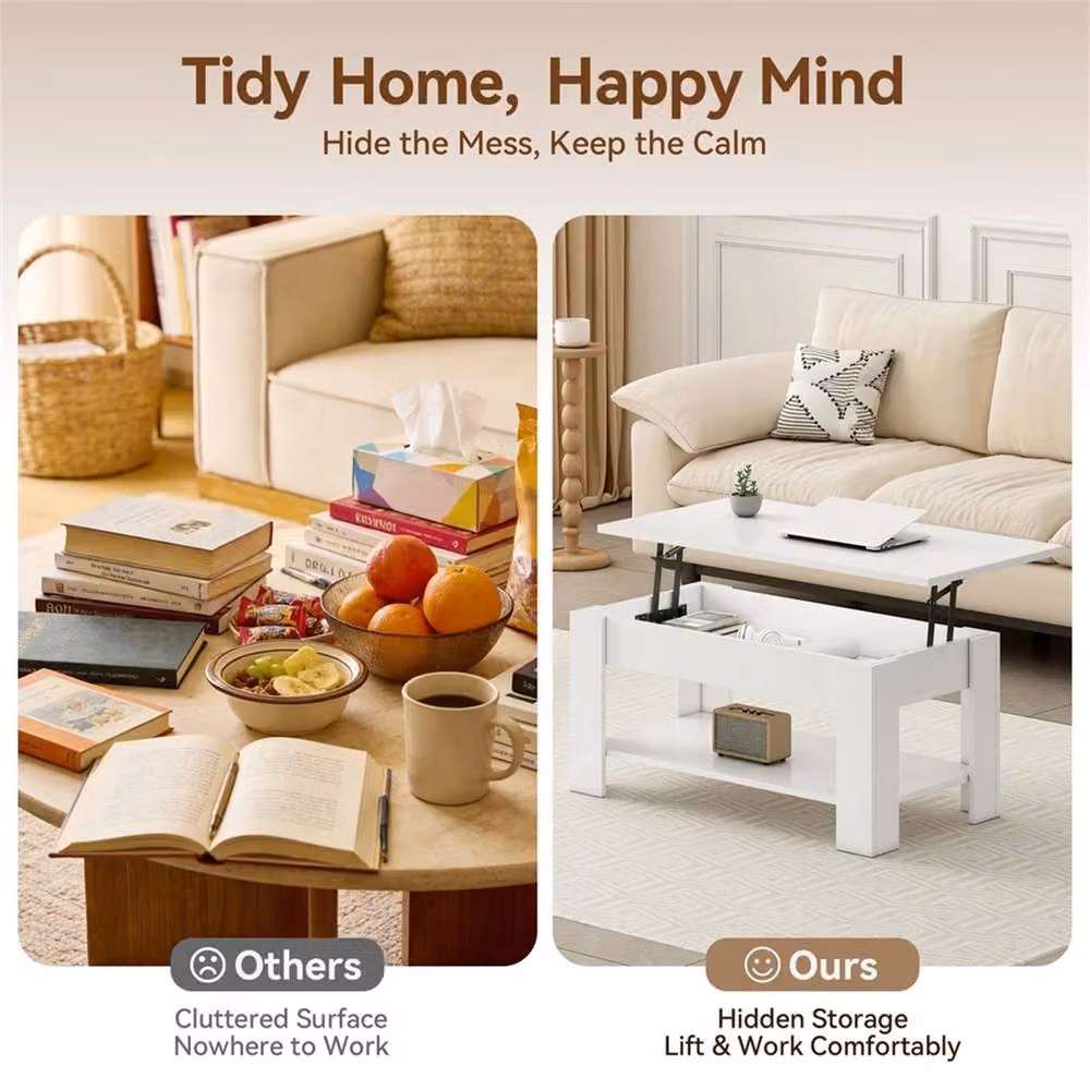 Nordara White Wooden Rectangular Coffee Table with Lift Up Top and Hidden Storage – 2
