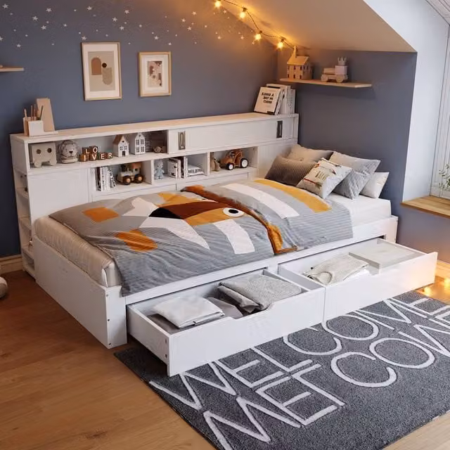 ModernLuxe Kids Single Daybed with Drawers and Storage Headboard, White, W/D/H: 90 x 190 x 200 cm