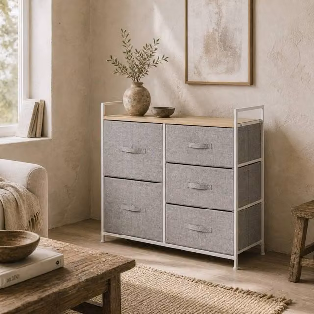 Wyld Haus 5 Drawer Grey Fabric Storage Unit with Natural Wood Top Shelf