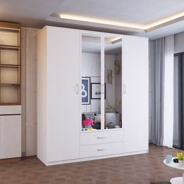 MN Furniture Louise 4 Door Hinged Wardrobe with Mirror and Integrated Drawers, White, W: 171 cm, H: 198 cm – 1