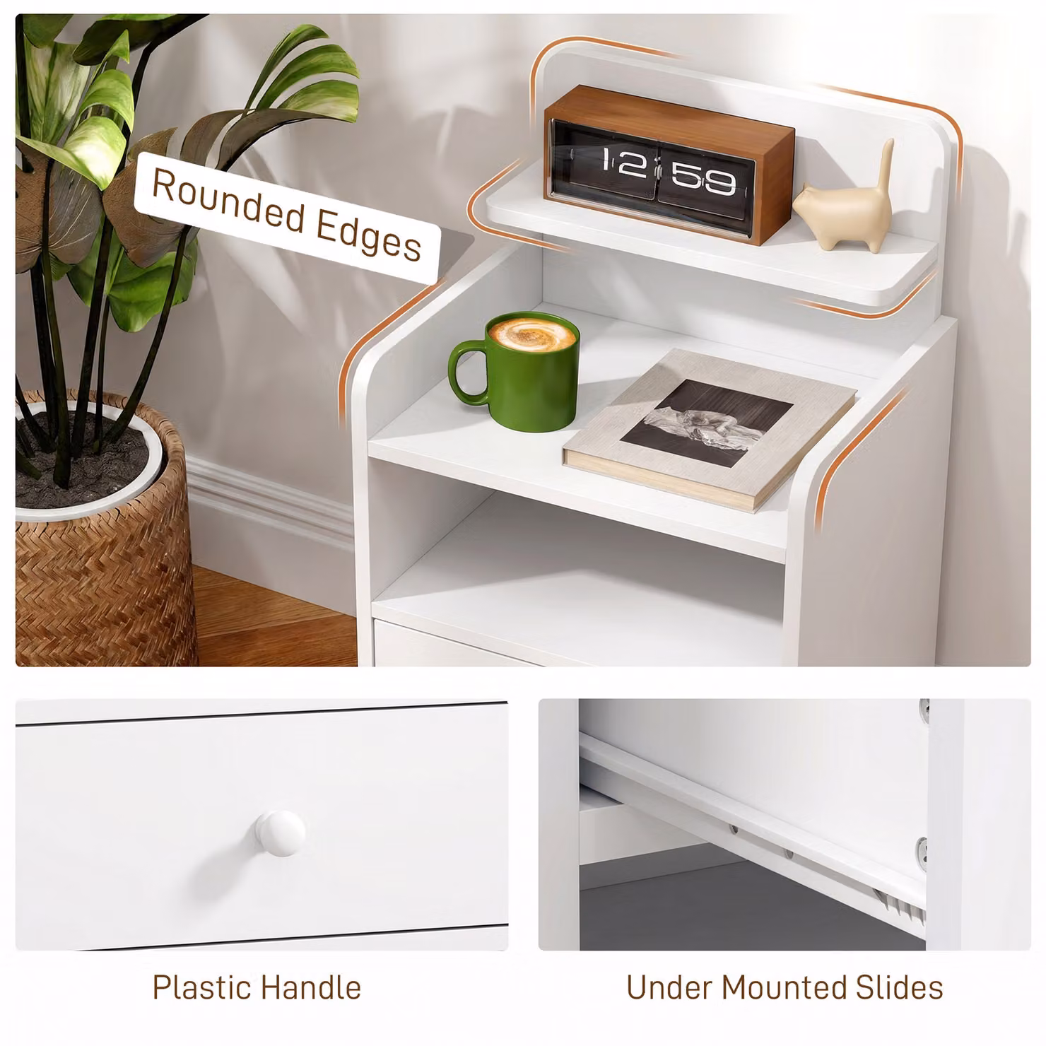 HOMCOM White Bedside Cabinet with Drawer and Shelf for Bedroom or Living Room – 4