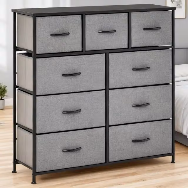 ERGOVEXA 9-Drawer Fabric Chest of Drawers with Metal Frame, Grey