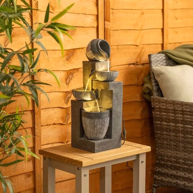 ValueLights Solar Powered Cascading Water Feature Fountain with Warm White LED Light, Grey Wood Design, W/D/H: 49.5 x 19.0 x 18.0 cm