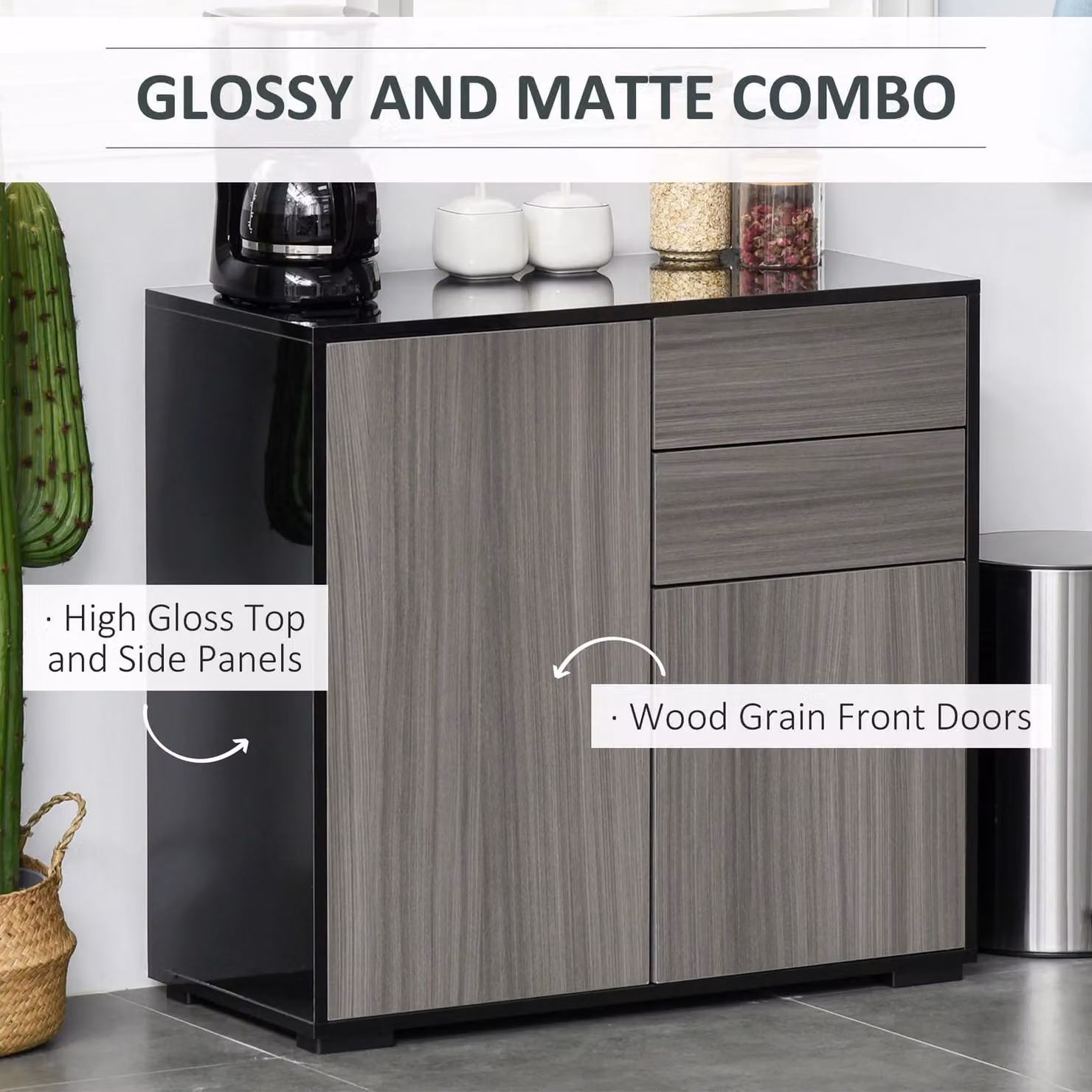 HOMCOM Glossy Push-Open Side Cabinet with 2 Drawers and 2 Doors in Light Grey – 5
