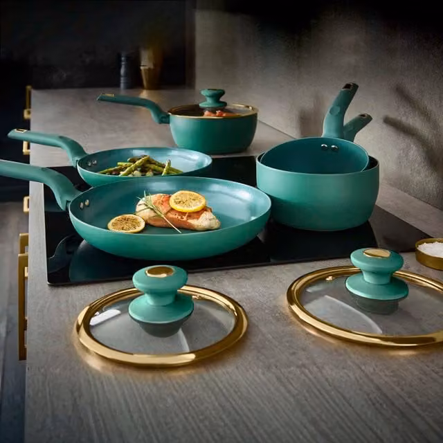 Tower 5 Piece Ceramic and Aluminium Cookware Set in Green, Black and Gold