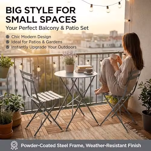 Bravich LTD Manarola 3 Piece Grey Foldable Metal Bistro Set with Round Table and Chairs, W/D/H: 120 x 72 x 60 cm – 3