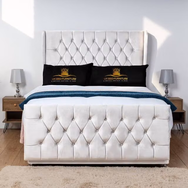 UK Bed Furniture Balamore Wingback Divan Bed Base with 54 Inch Headboard in White, Double, W/D/H: 140 x 200 cm