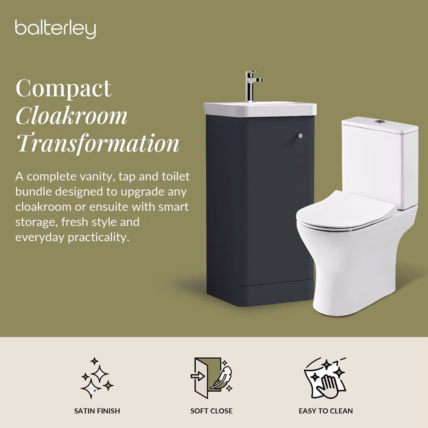 Balterley Modern Dark Grey 1 Door Freestanding Bathroom Vanity Unit with Tap and Toilet Pack – 2