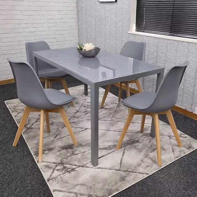 KOSY KOALA Modern Rectangular Grey Glass Dining Table Set with 4 Grey Metal Chairs, W/D/H: 140 x 70 x 75 cm