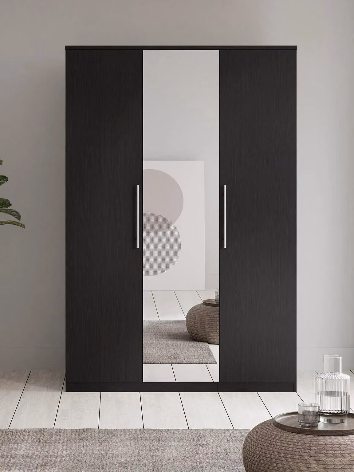Prague 3 Door Mirrored Wardrobe in Black with Glass Doors and Internal Shelving