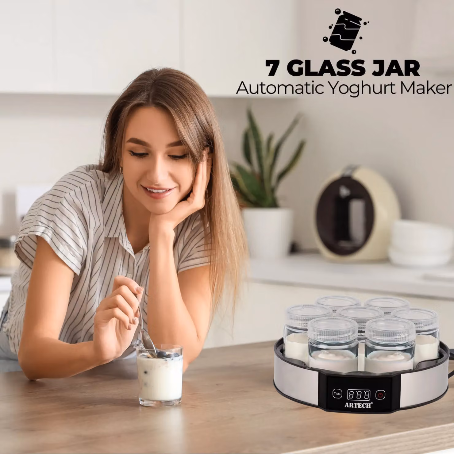 Trendi Digital Yoghurt Maker with 7 Glass Jars, Stainless Steel with LED Display and Timer in Black or Silver – 9