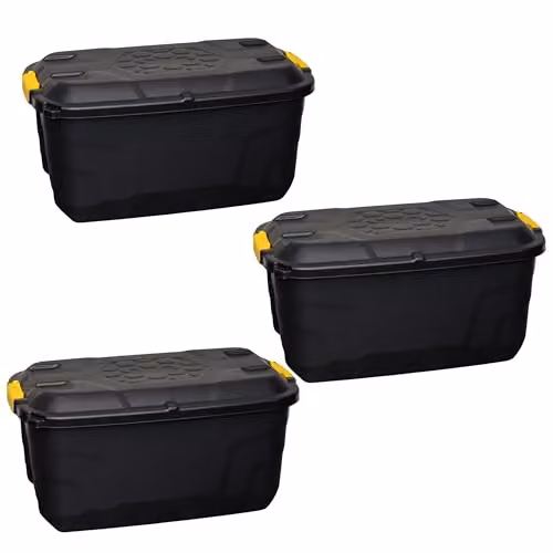 Samuel ALEXANDER Set of 3 Heavy Duty Plastic Storage Boxes with Lockable Lids and Wheels, Black, 75L each