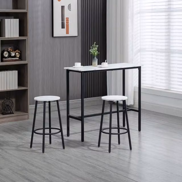HOMCOM 3 Piece Modern Bar Table and Stools Set with Steel Frame in White