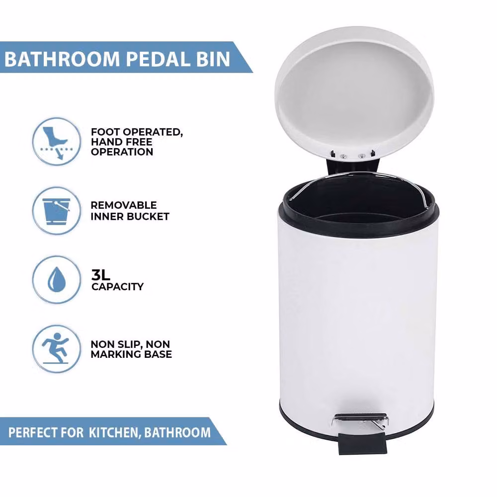 Crystals 3 Litre Stainless Steel Pedal Bin in White – 3