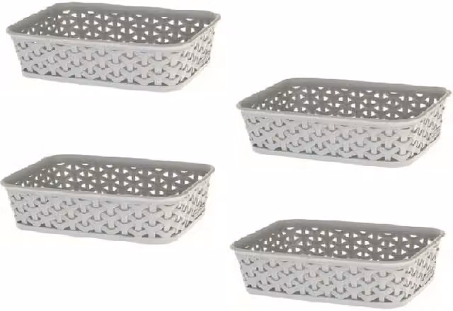 Curver Small Nestable Plastic Rattan Hobby Storage Basket, Light Grey, Pack of 4