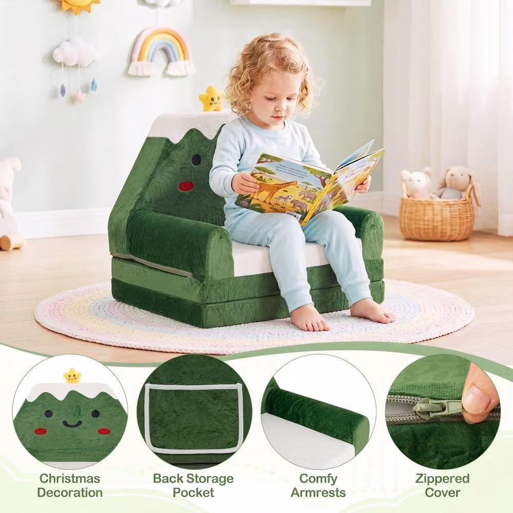 CASART 2-in-1 Childrens Kid Sofa to Lounger Fold Out Couch with Removable Cover, Green – 2