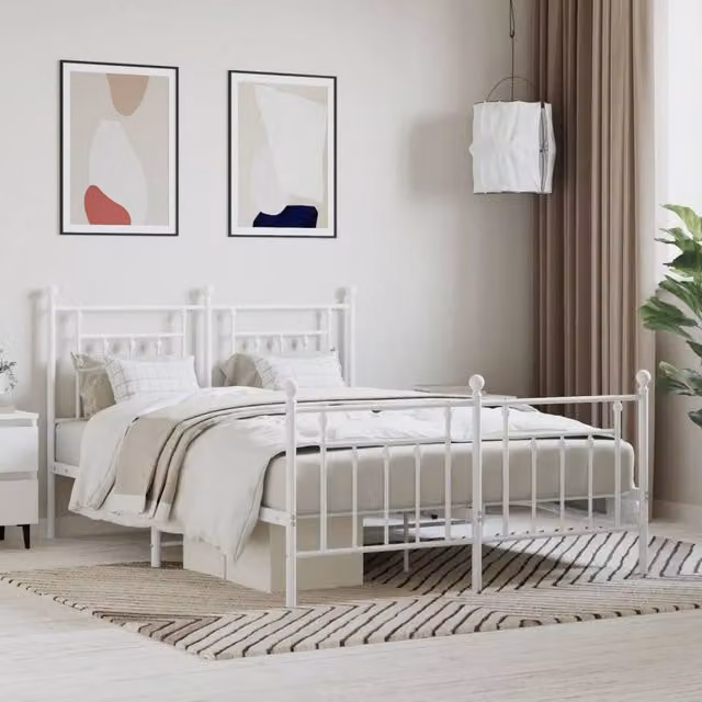 Berkfield Home Metal Bed Frame with Headboard and Footboard in White, W/D/H: 150 x 200 cm – 1