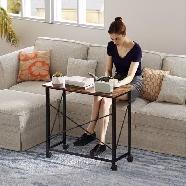 HOMCOM Small Folding Computer Desk with Castors, Rustic Brown
