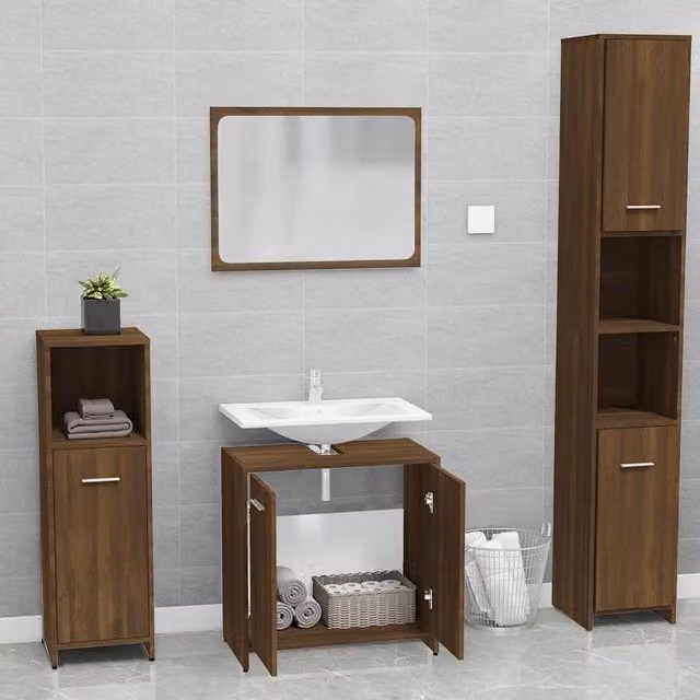 Berkfield Home Modern Brown Oak Bathroom Furniture Set with Wall Cabinet and Mirror Cabinet
