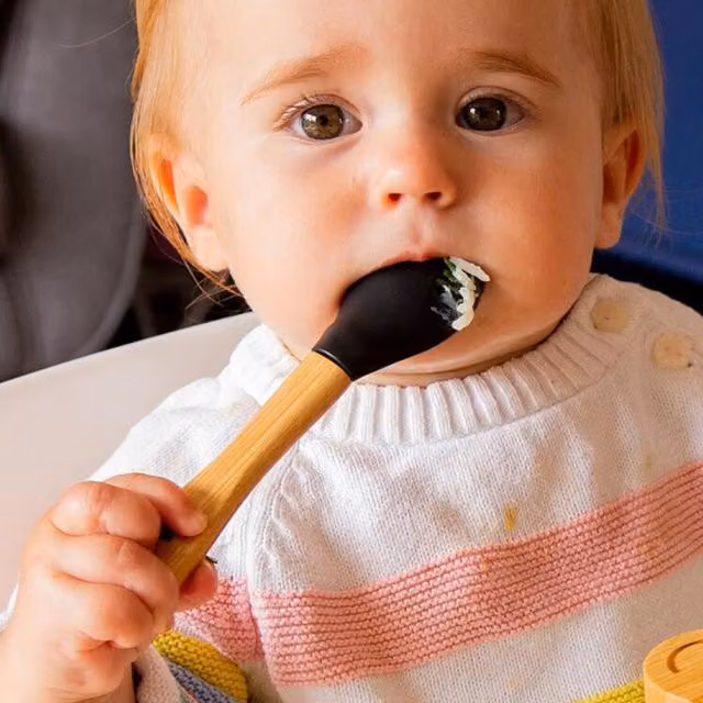 Tiny Dining Children's Bamboo Spoons with Silicone Tips, Black, Pack of 2, 14 cm