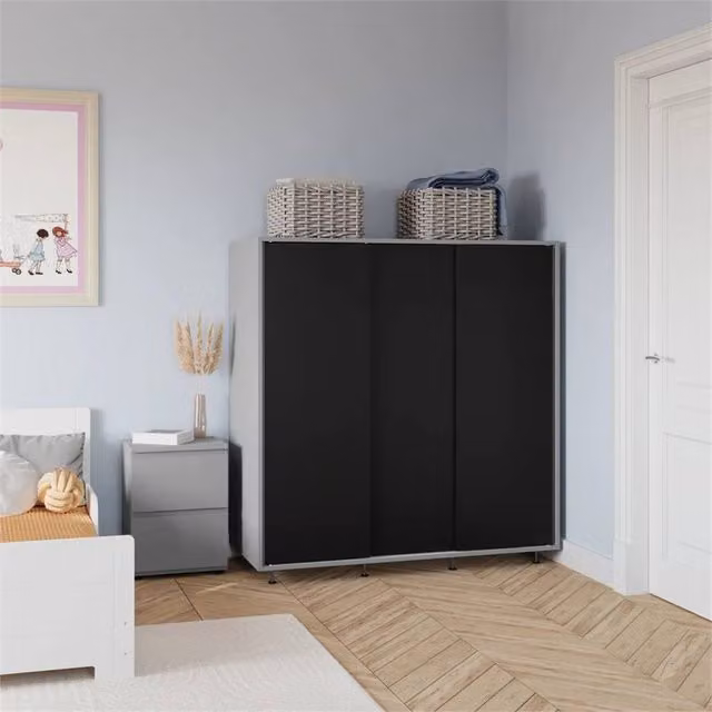 FORGEVIO Modern Wardrobe Bedroom Storage Closet with Hanging Rail and Hinged Doors, Grey and Black, W/D/H: 120 x 51.5 x 120 cm