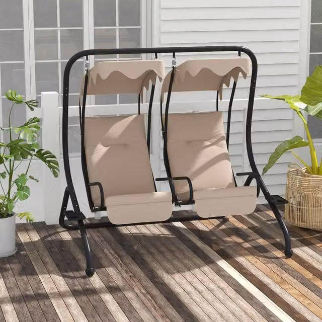 Outsunny 2 Seater Garden Swing Chair with Sun Canopy and Cup Holders in Beige and Brown