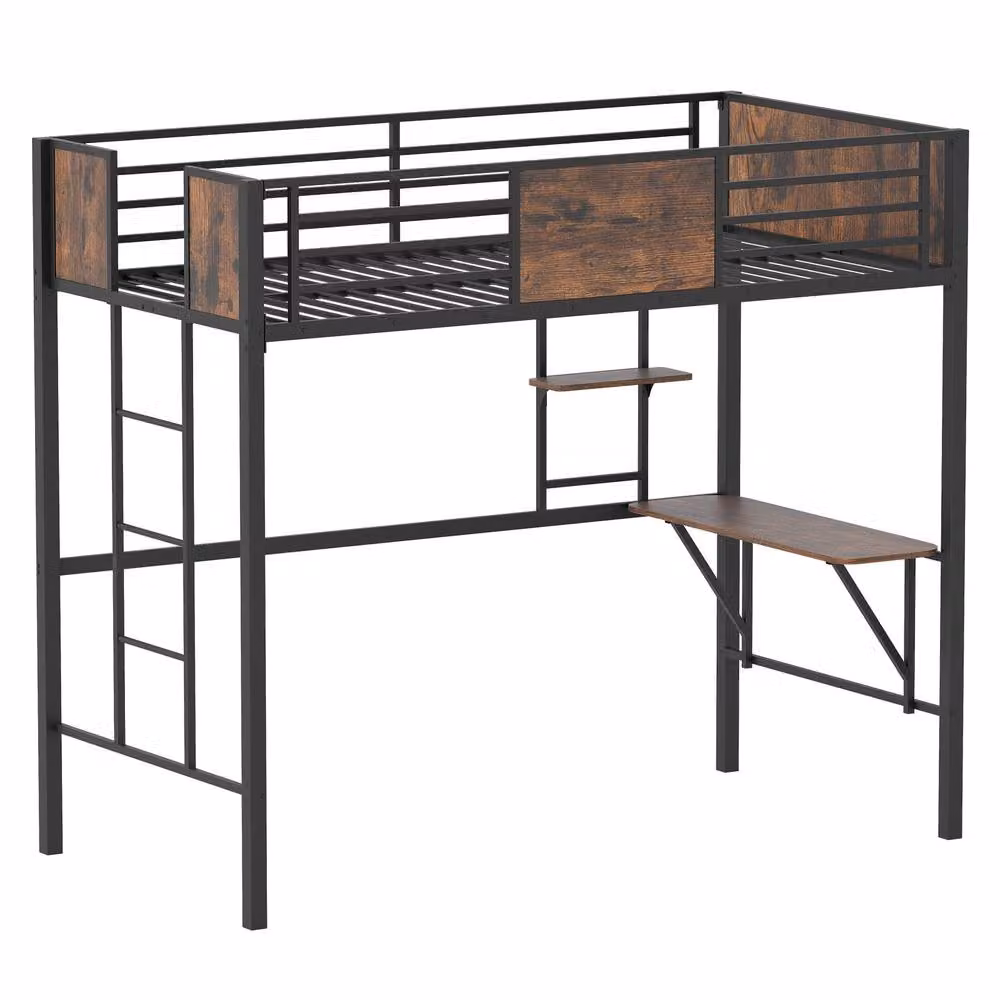 Costway Single Metal Loft Bed with Desk, Shelf and Safety Guardrail in Brown, W/D/H: 200 x 90 x 136 cm – 7