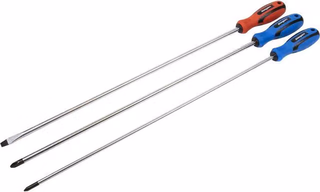 Loops 3 Pack Extra Long Reach 450mm Screwdriver Set in Multicolour Hardened Steel Slotted and Phillips