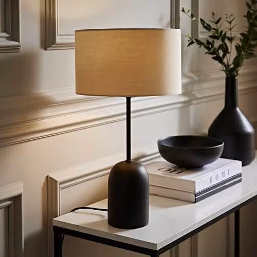 ValueLights Kaiden Black Dome Table Lamp with Beige Fabric Drum Shade – 2