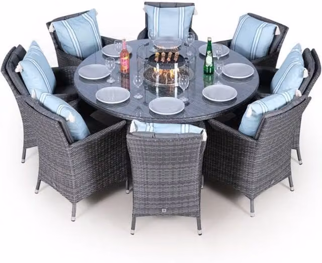 Giardino Savannah Fire Pit Round Rattan Patio Dining Set in Grey for 8 People