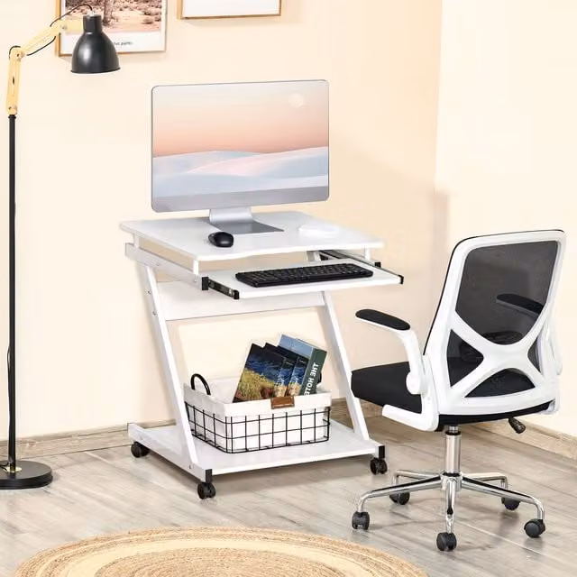 HOMCOM Movable Computer Desk with Sliding Keyboard Tray and Castors, White