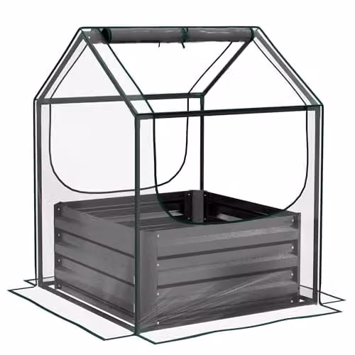 Outsunny Raised Garden Bed with Mini Greenhouse in Grey and Transparent