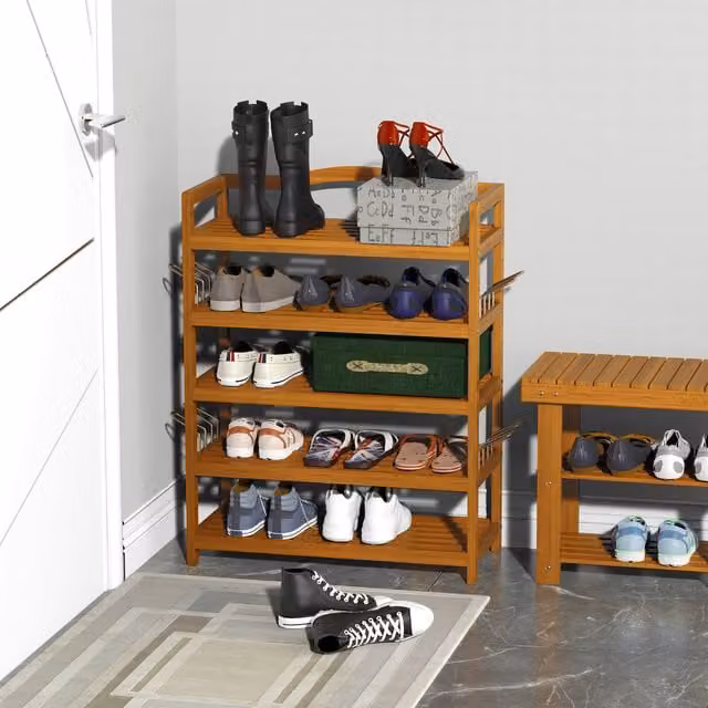 HOMCOM 5-Tier Acacia Wood and Metal Shoe Rack Organiser in Brown