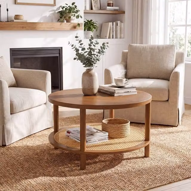 KORVIXA Round Boho Accent Table with Shelf in Brown Rubberwood, W/D/H: 100 x 100 x 80 cm – 1