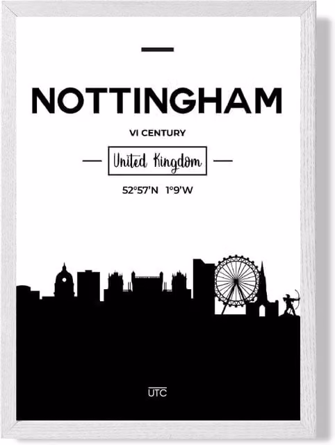 ARTZE Nottingham Black and White City Skyline Framed Paper Print with White Frame