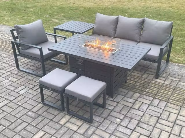 Fimous 6 Piece Aluminium Garden Furniture Set with Gas Fire Pit Dining Table, Cushions, 2 Footstools and Side Table in Dark Grey